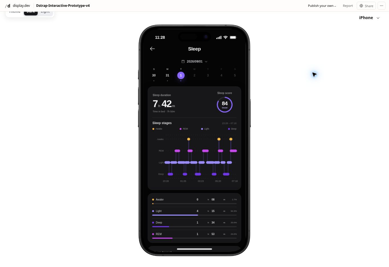 DTstrap Sleep, in perspective. app interface preview
