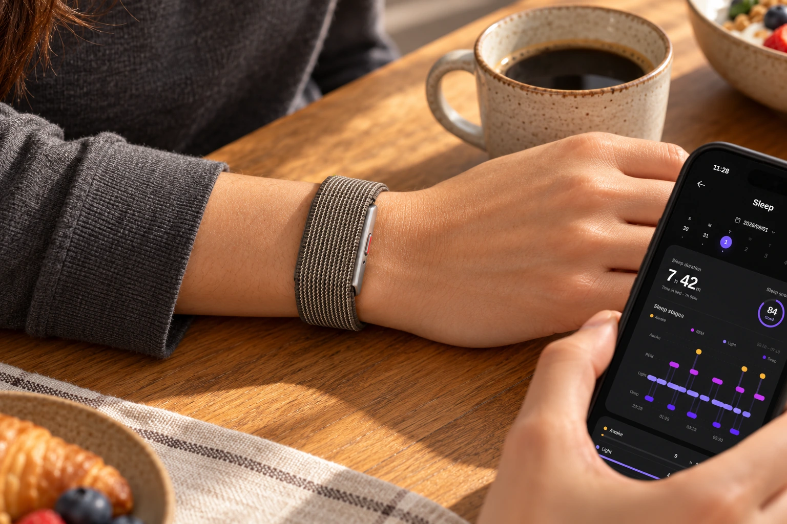 A gray woven DTstrap wristband beside coffee and a phone displaying a sleep interface preview