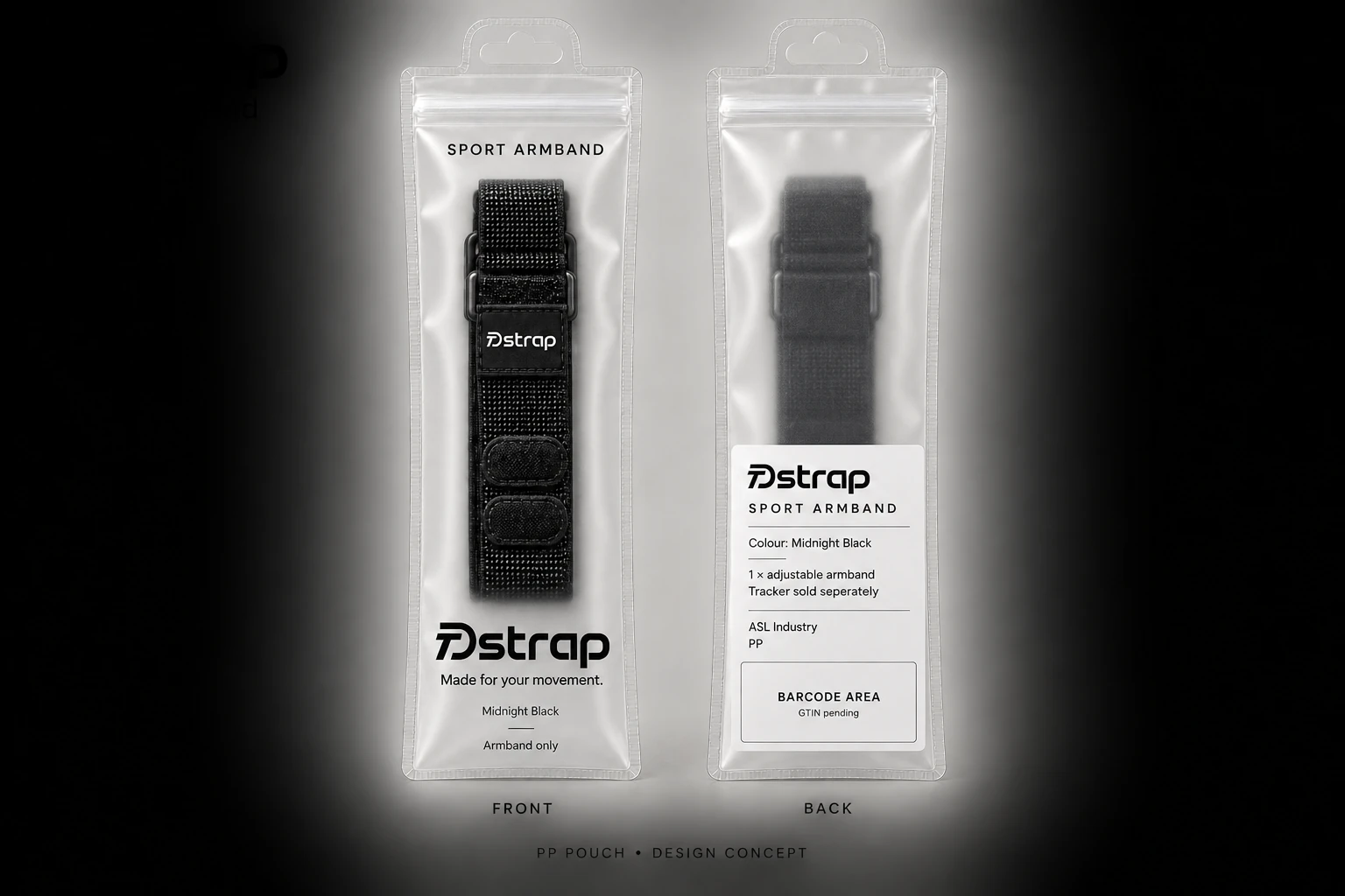 DTstrap Midnight Black sport armband and frosted pouch packaging concept